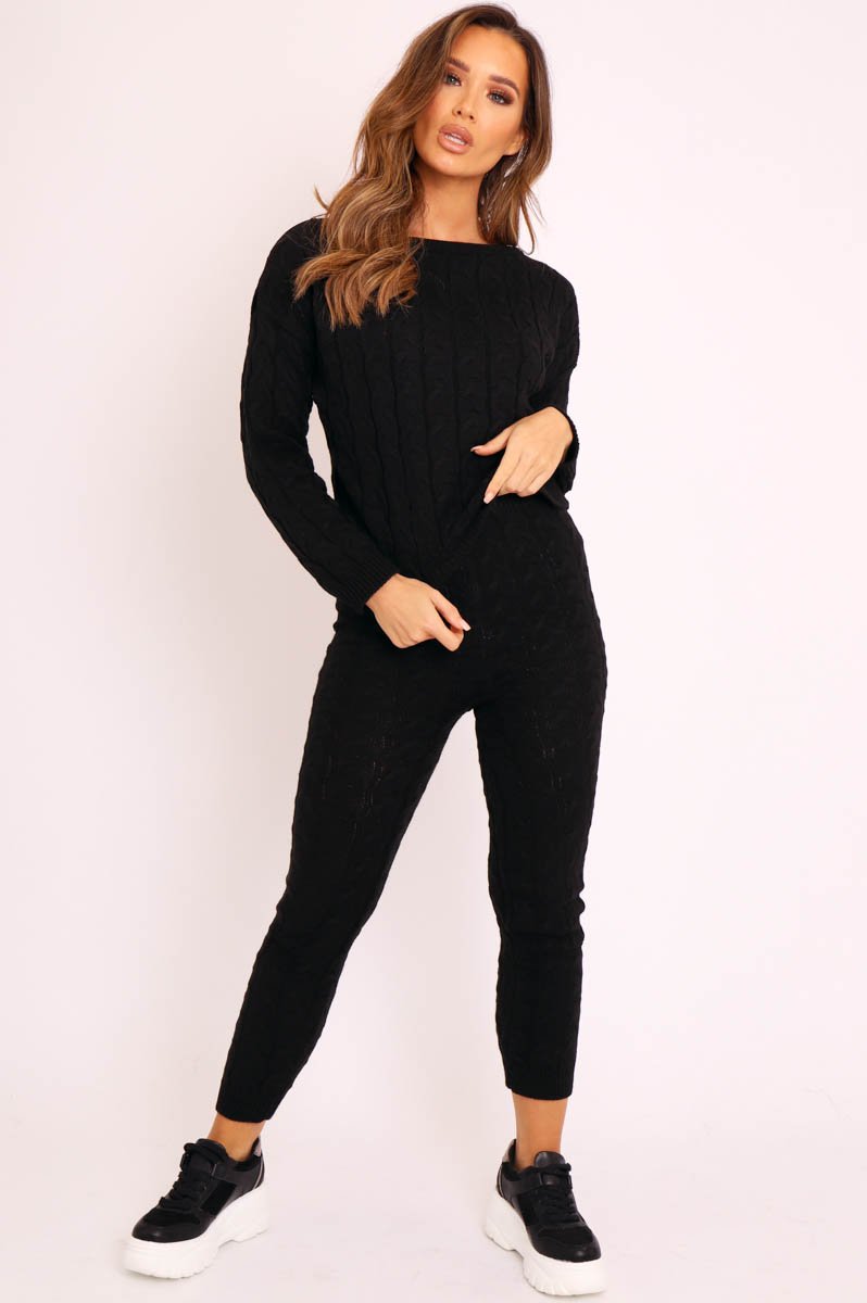 Black Cable Knit Sweater and Leggings Loungewear Co-ord - Ionia-Co-ords