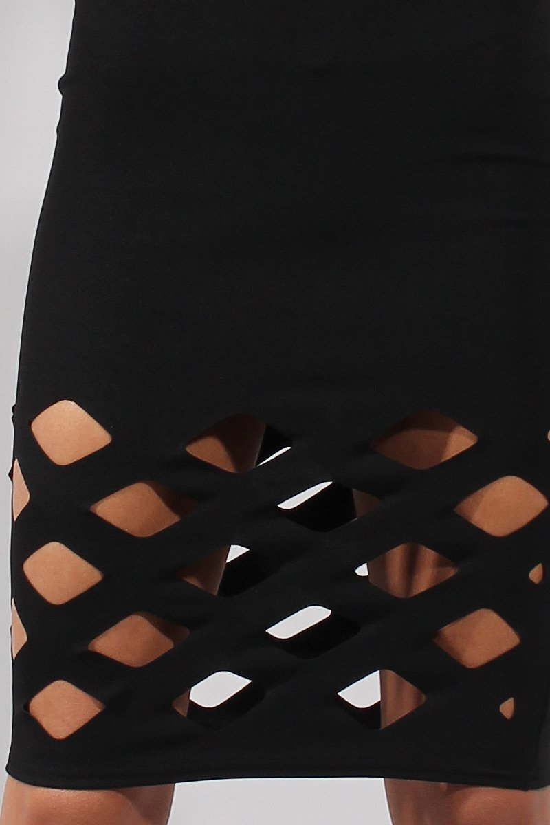 Black Cage Cut Bardot Midi Dress - Cady-Dresses
