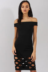 Black Cage Cut Bardot Midi Dress - Cady-Dresses