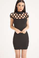 Black Cage High Neck Bodycon Dress - Kade-Dresses