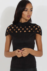 Black Cage High Neck Suede Top - Lizzie-Tops