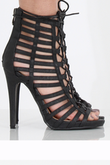 Black Caged Lace Up Heels - Jane-Heels