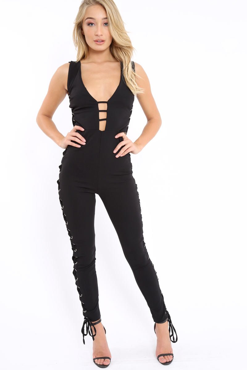 Black Caged Side Lace Jumpsuit - Melody-Jumpsuits