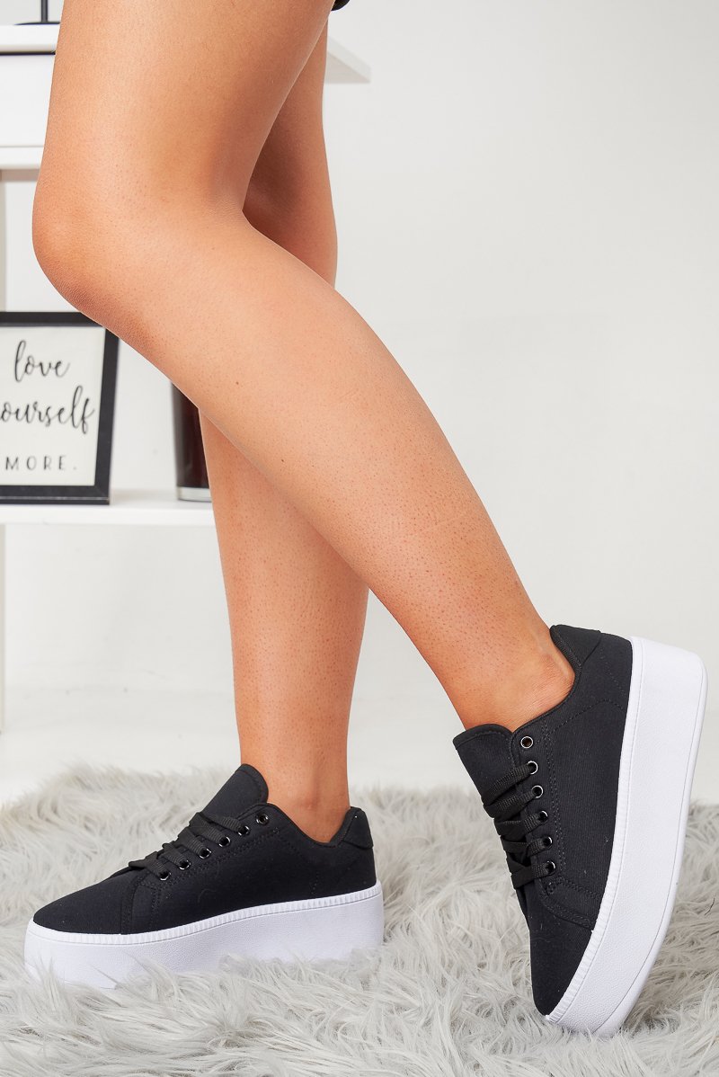 Black Canvas Lace Up Platform Trainers - Carl-Trainers