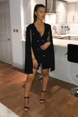 Black Cape Style Blazer Dress - Rosy-Dresses