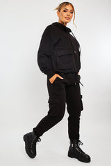 Black Cargo Pocket Hoodie and Joggers Tracksuit - Aafiya-Tracksuits