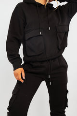 Black Cargo Pocket Hoodie and Joggers Tracksuit - Aafiya-Tracksuits