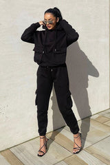 Black Cargo Pocket Hoodie and Joggers Tracksuit - Aafiya-Tracksuits