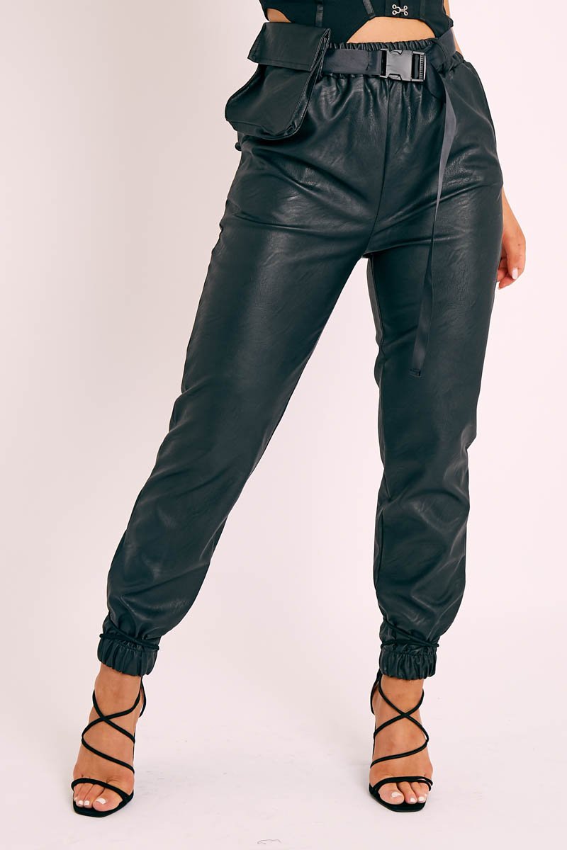 Black Cargo Pouch Belted PU Joggers - Mishka-Trousers