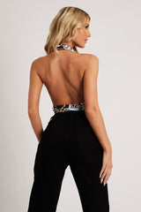 Black Chain Animal Print Slinky Halter Neck Crop Top - Chels-Crop Tops