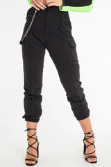 Black Chain Detail Utility Pocket Cargo Trousers - Elinor-Trousers