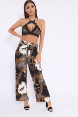Black Chain Leopard Pleated Wide Leg Trousers - Bess-Trousers