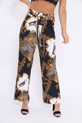 Black Chain Leopard Pleated Wide Leg Trousers - Bess-Trousers