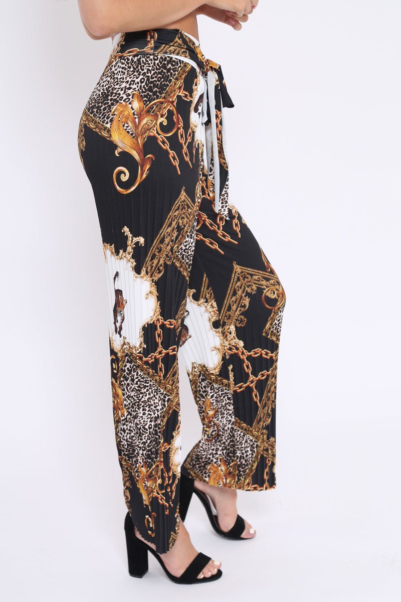 Black Chain Leopard Pleated Wide Leg Trousers - Bess-Trousers