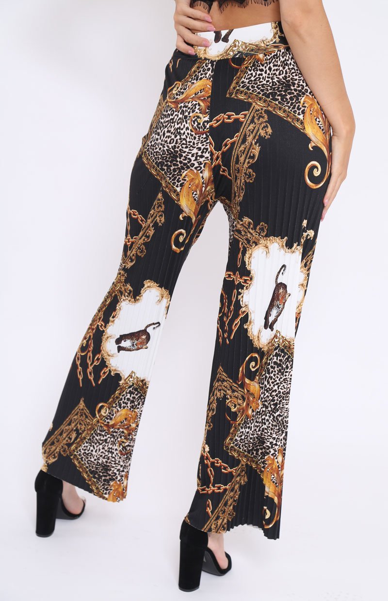 Black Chain Leopard Pleated Wide Leg Trousers - Bess-Trousers