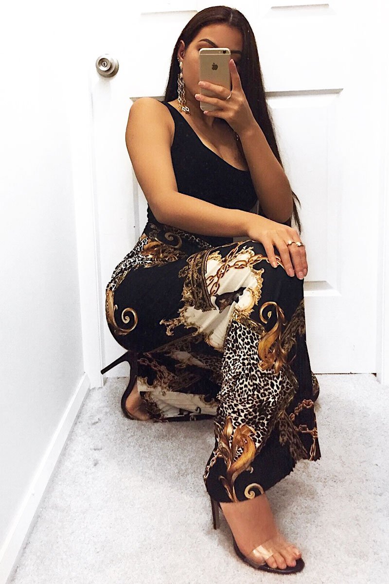 Black Chain Leopard Pleated Wide Leg Trousers - Bess-Trousers