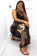 Black Chain Leopard Pleated Wide Leg Trousers - Bess-Trousers