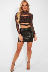 Black Chain Print Cut Out Mesh Buckle Crop Top - Tionne-Crop Tops