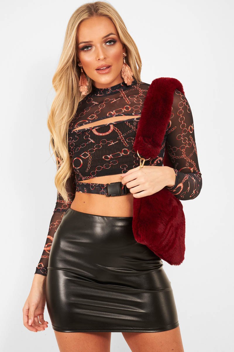 Black Chain Print Cut Out Mesh Buckle Crop Top - Tionne-Crop Tops