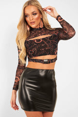 Black Chain Print Cut Out Mesh Buckle Crop Top - Tionne-Crop Tops