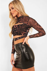 Black Chain Print Cut Out Mesh Buckle Crop Top - Tionne-Crop Tops