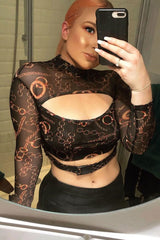 Black Chain Print Cut Out Mesh Buckle Crop Top - Tionne-Crop Tops