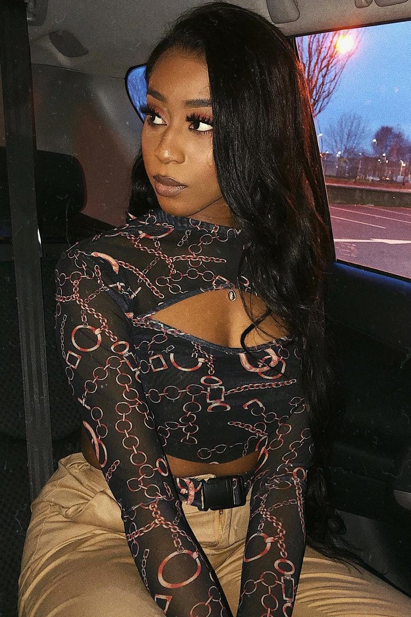 Black Chain Print Cut Out Mesh Buckle Crop Top - Tionne-Crop Tops