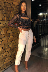 Black Chain Print Cut Out Mesh Buckle Crop Top - Tionne-Crop Tops