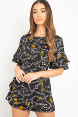Black Chain Print Ruffle Sleeve Playsuit - Parrish-Playsuits