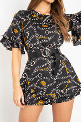 Black Chain Print Ruffle Sleeve Playsuit - Parrish-Playsuits