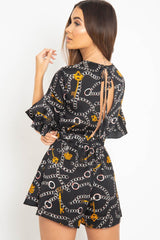 Black Chain Print Ruffle Sleeve Playsuit - Parrish-Playsuits