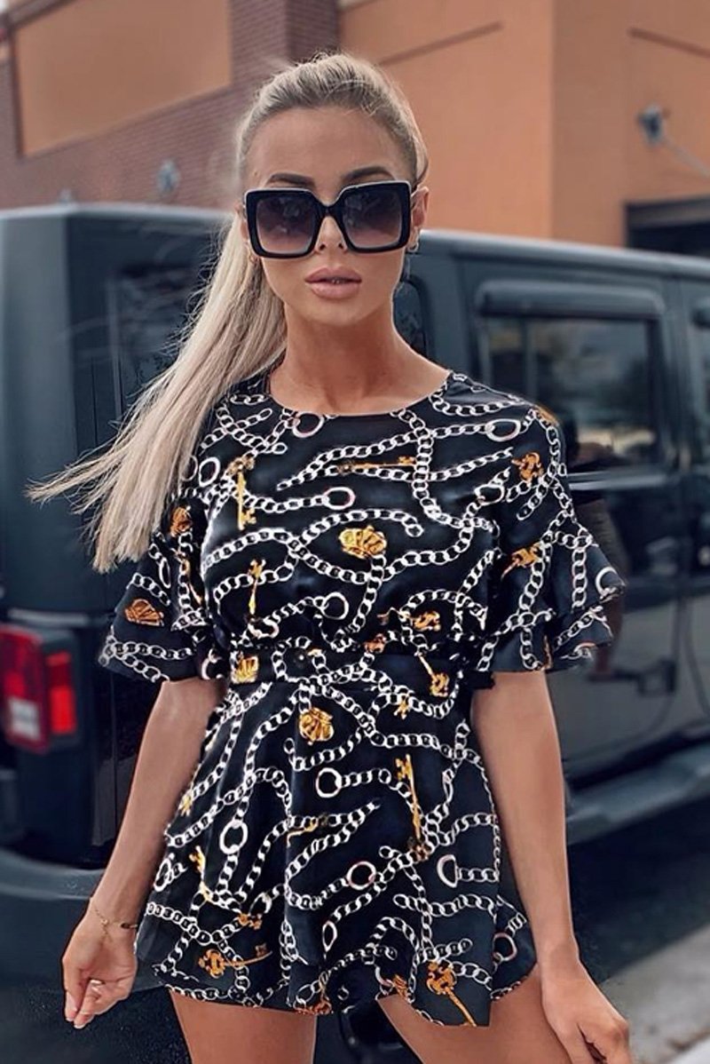 Black Chain Print Ruffle Sleeve Playsuit - Parrish-Playsuits