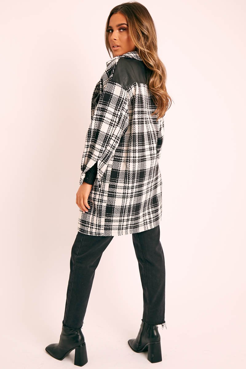 Black Check Faux Leather Panel Oversized Shirt - Breah-Jackets