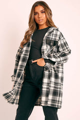 Black Check Faux Leather Panel Oversized Shirt - Breah-Jackets