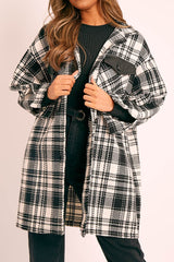 Black Check Faux Leather Panel Oversized Shirt - Breah-Jackets