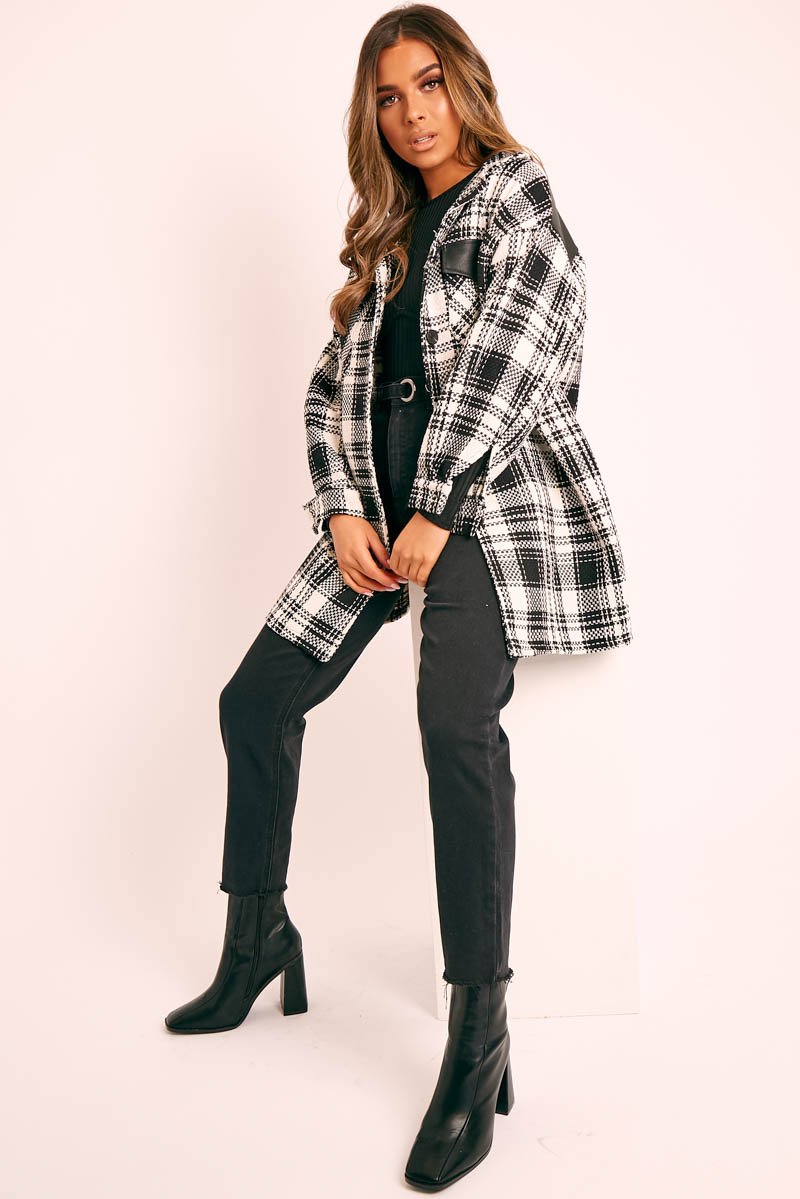 Black Check Faux Leather Panel Oversized Shirt - Breah-Jackets