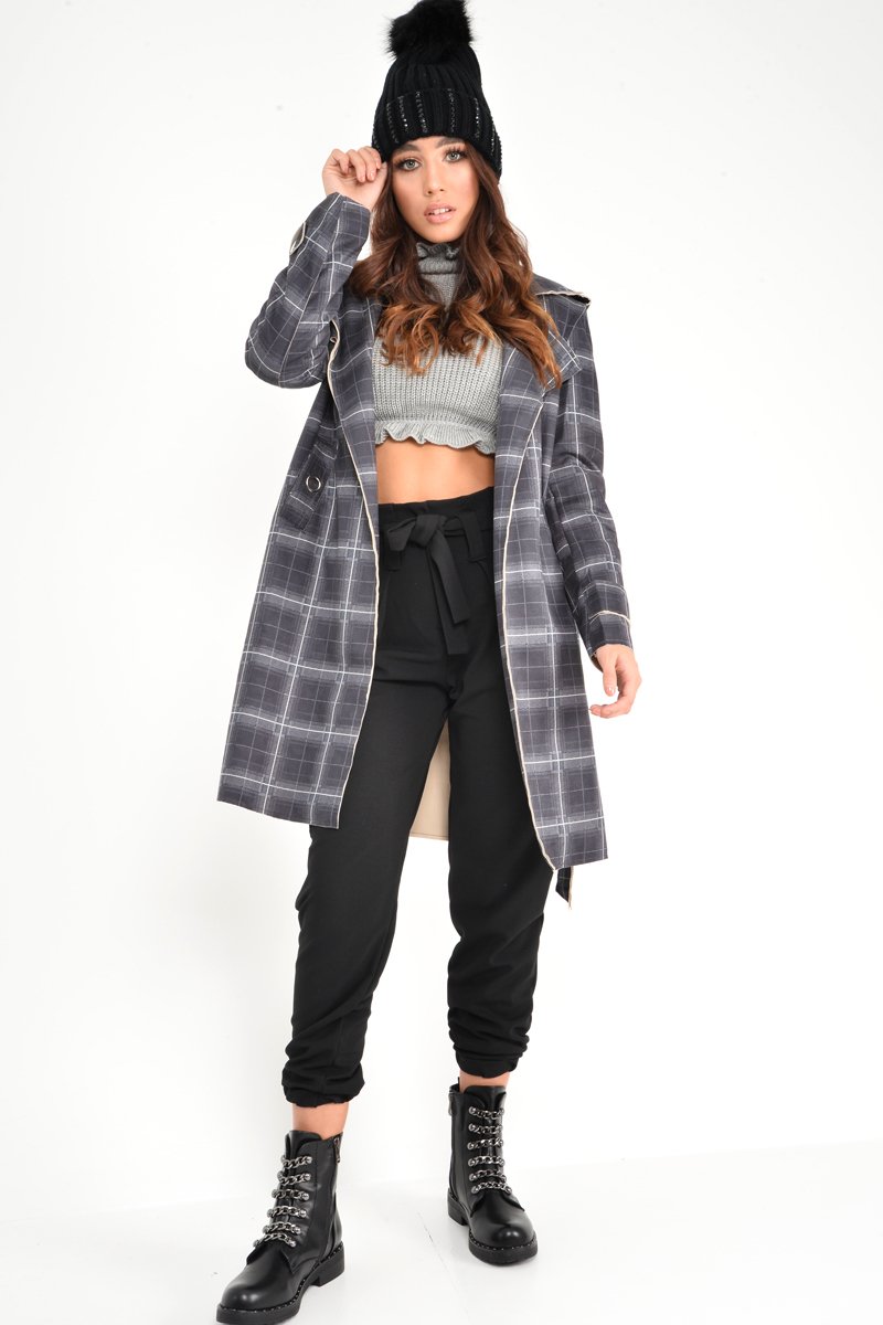 Black Check Faux Suede Eyelet Detail Trench Coat - Safiyya-Coats
