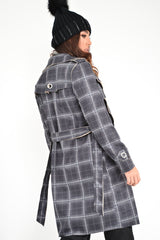 Black Check Faux Suede Eyelet Detail Trench Coat - Safiyya-Coats