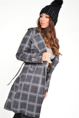 Black Check Faux Suede Eyelet Detail Trench Coat - Safiyya-Coats