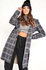 Black Check Faux Suede Eyelet Detail Trench Coat - Safiyya-Coats