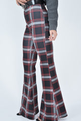 Black Check High Waist Flared Trousers - Cherie-Trousers