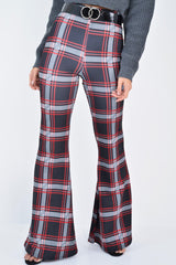 Black Check High Waist Flared Trousers - Cherie-Trousers