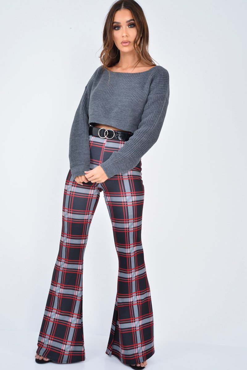 Black Check High Waist Flared Trousers - Cherie-Trousers
