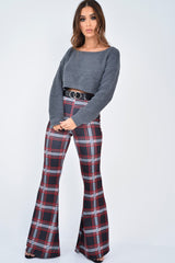 Black Check High Waist Flared Trousers - Cherie-Trousers