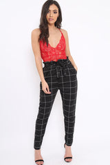 Black Check Paper Bag Tie Waist Cigarette Trousers - Karmen-Trousers