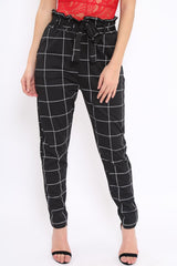 Black Check Paper Bag Tie Waist Cigarette Trousers - Karmen-Trousers