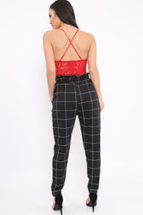 Black Check Paper Bag Tie Waist Cigarette Trousers - Karmen-Trousers
