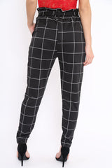 Black Check Paper Bag Tie Waist Cigarette Trousers - Karmen-Trousers