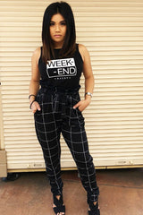 Black Check Paper Bag Tie Waist Cigarette Trousers - Karmen-Trousers