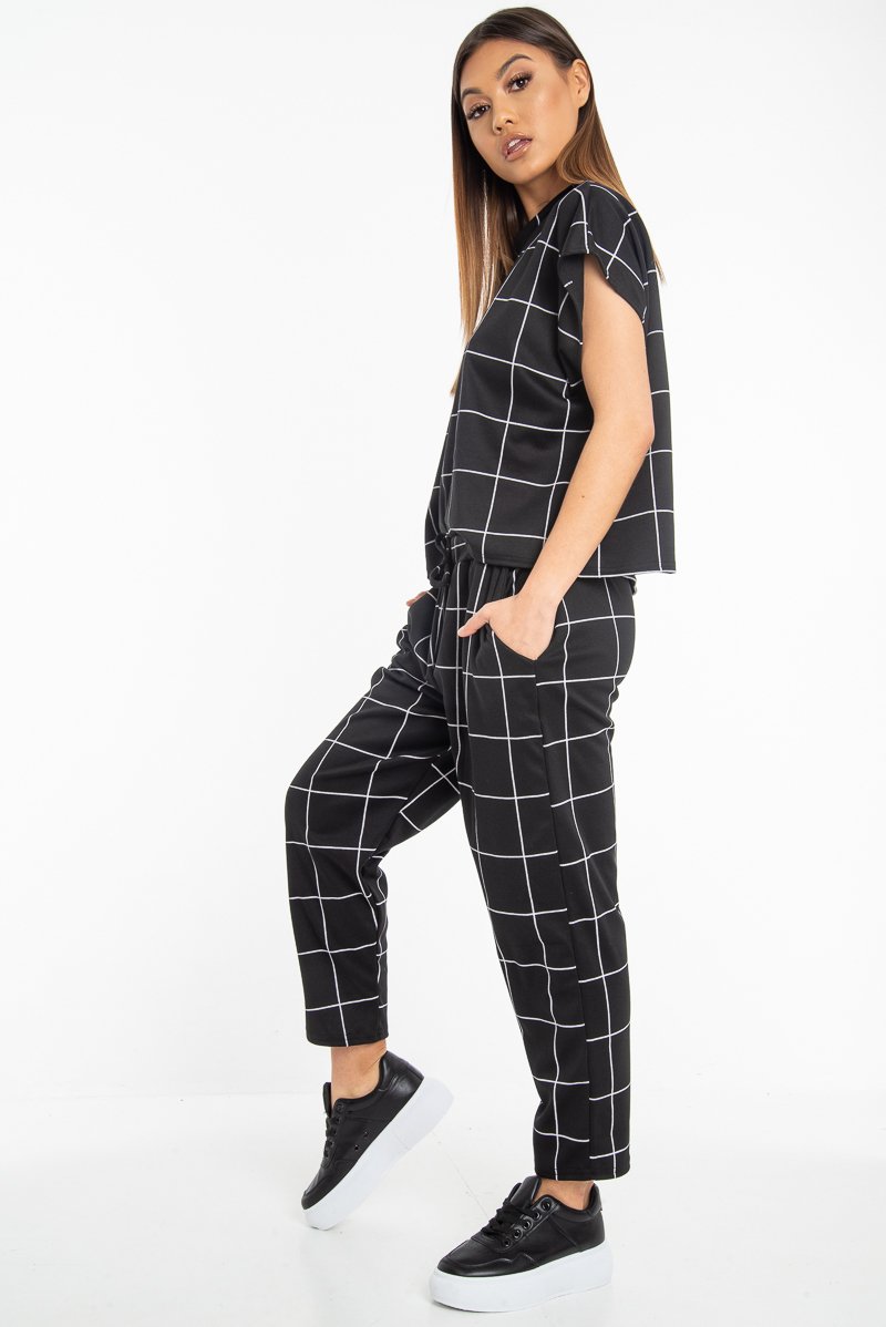 Black Check Short Sleeve Top and Jogger Set - Aimy-Co-ords